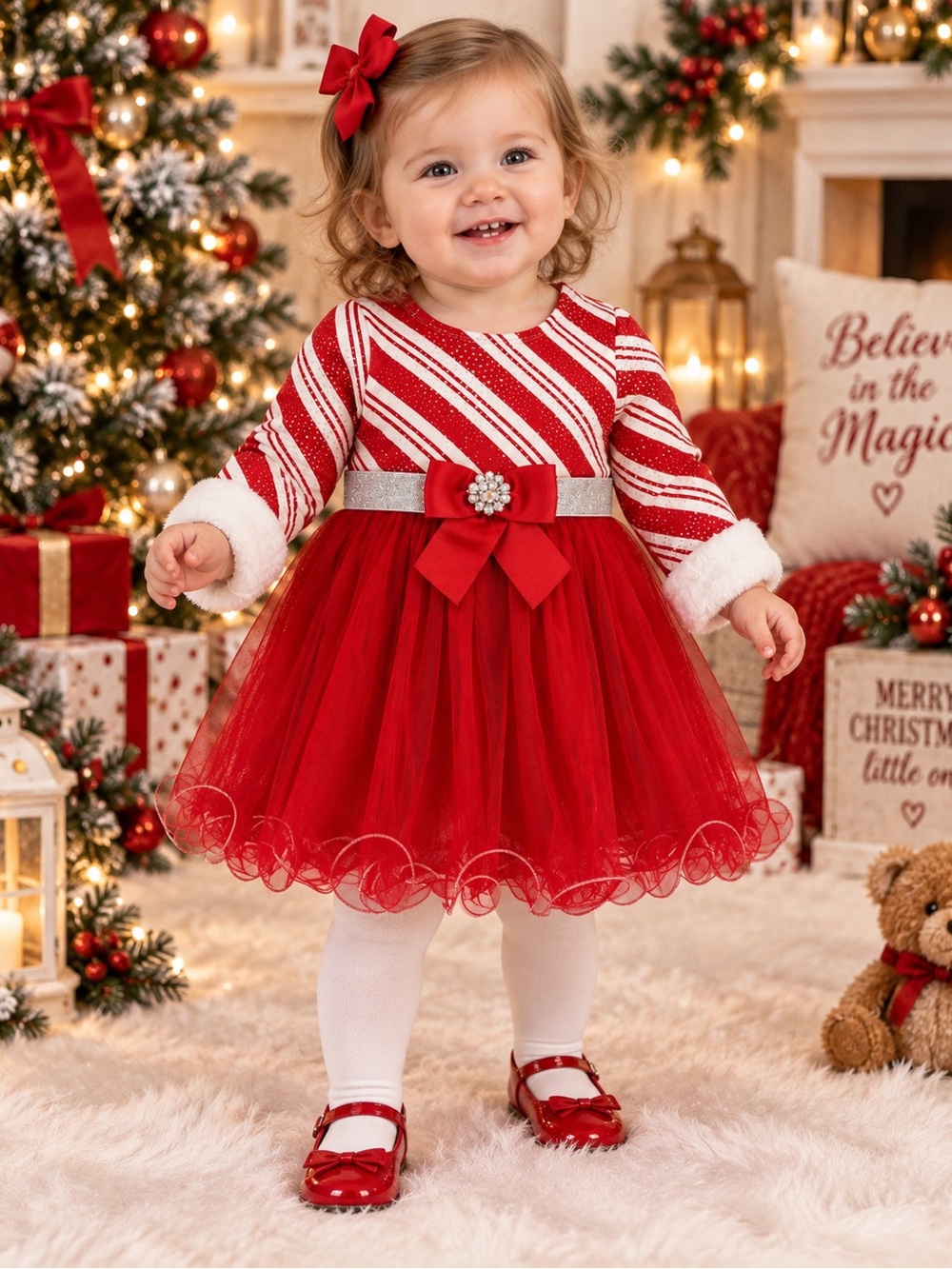 Bonnie Baby Girls 12M Candy Cane Christmas Tulle Dress Faux Fur EUC